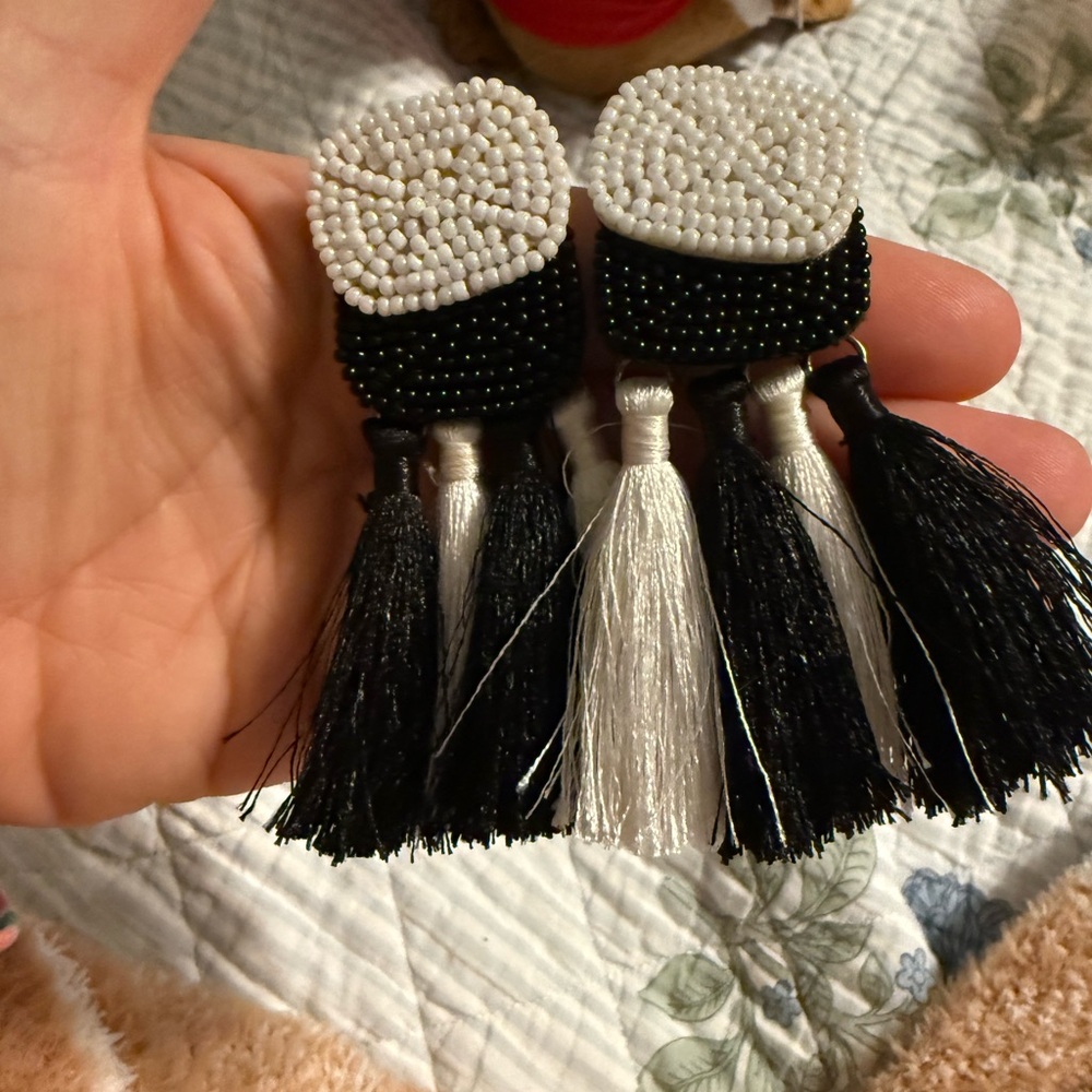 Black and White Beaded Tassel Earrings